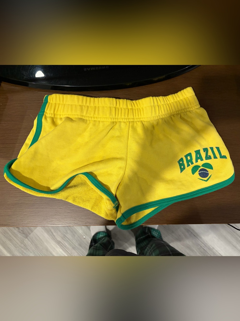 Yellow Women's Athletic Shorts with Green Trim - Brazil Graphic